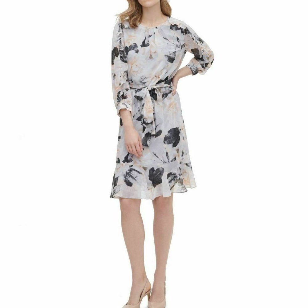 NWT! Calvin Klein Printed Belted 3/4 Sleeve Dress 8